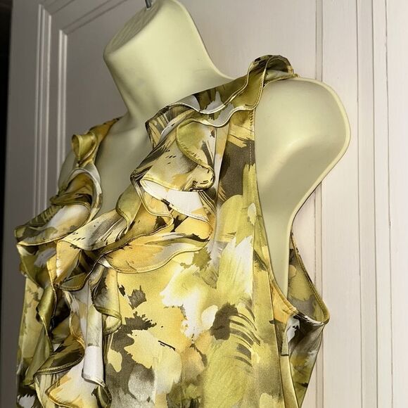 Anne Klein chartreuse green watercolor sleeveless ruffle neck polyester blouse - Picture 4 of 8